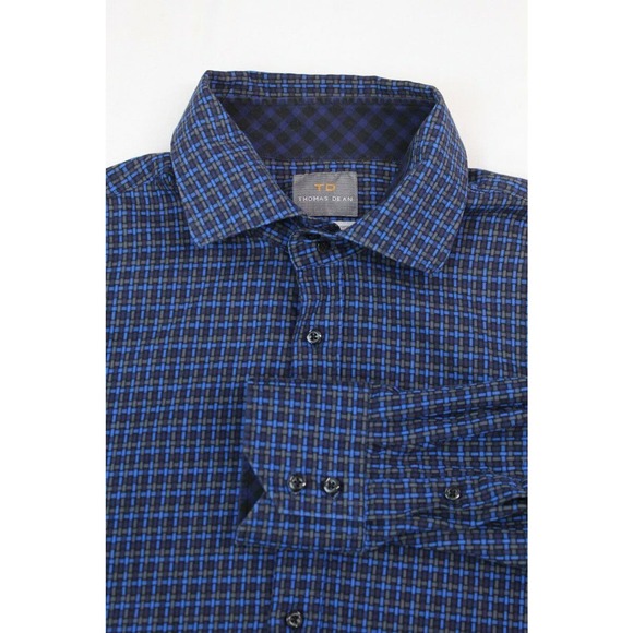 Thomas Dean Shirt Men's XXL Blue Long Sleeve Button Basketweave Print Flip cuff - Picture 3 of 9